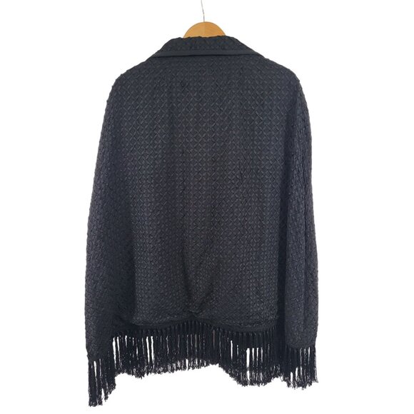 Vintage Black‎ Woven Fringed Poncho With Buttons & Arm Holes - Picture 6 of 6